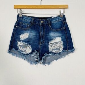 Fashion Nova Blue Jean Denim Shorts Distressed High Rise Thrashed Size Medium